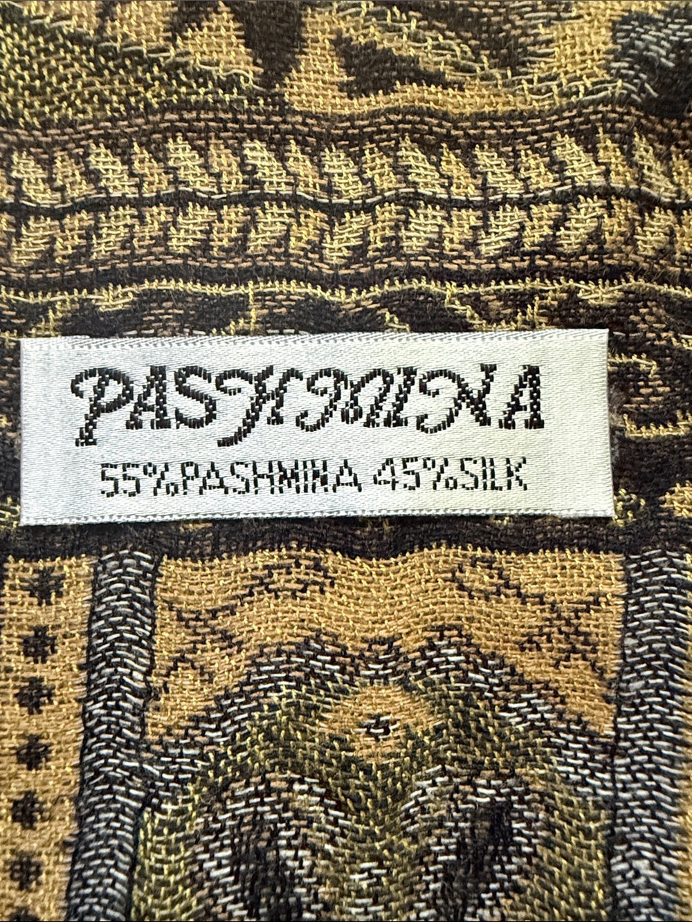Vintage Pashmina Silk Brocade Shawl Paisley Gold Olive Brown Made in Hungary - Picture 2 of 4